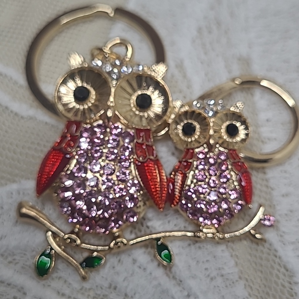 Gold Toned Pink Rhinestone Owls Keychain/Charm - Picture 4 of 5